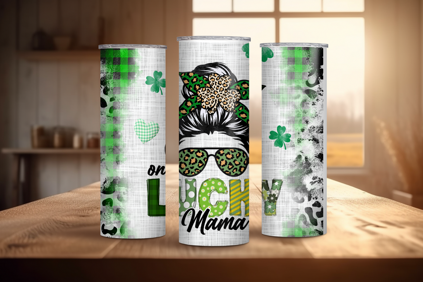 Lucky Mama, Messy Bun St Pattricks Day Skinny Tumbler, 20oz