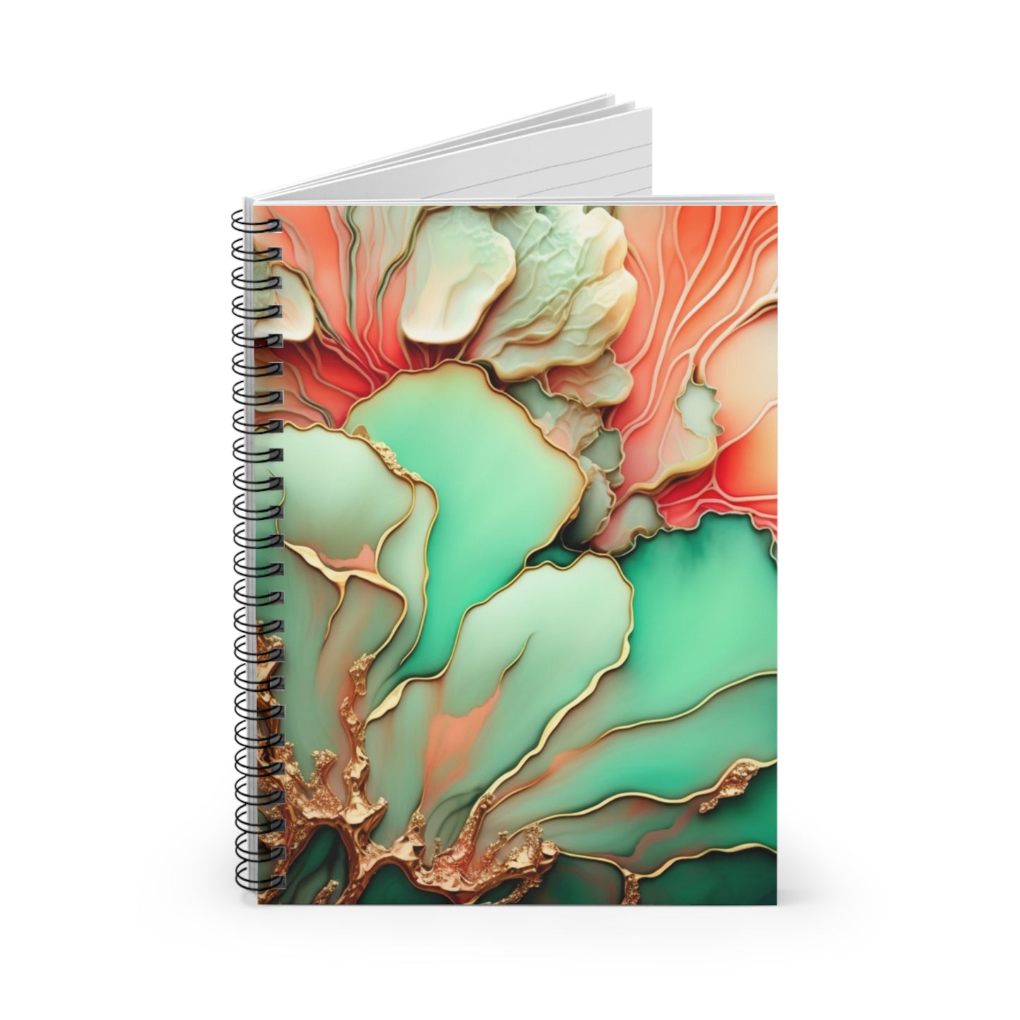 Floral, Green, Gold & Peach Spiral Notebook - Ruled Line