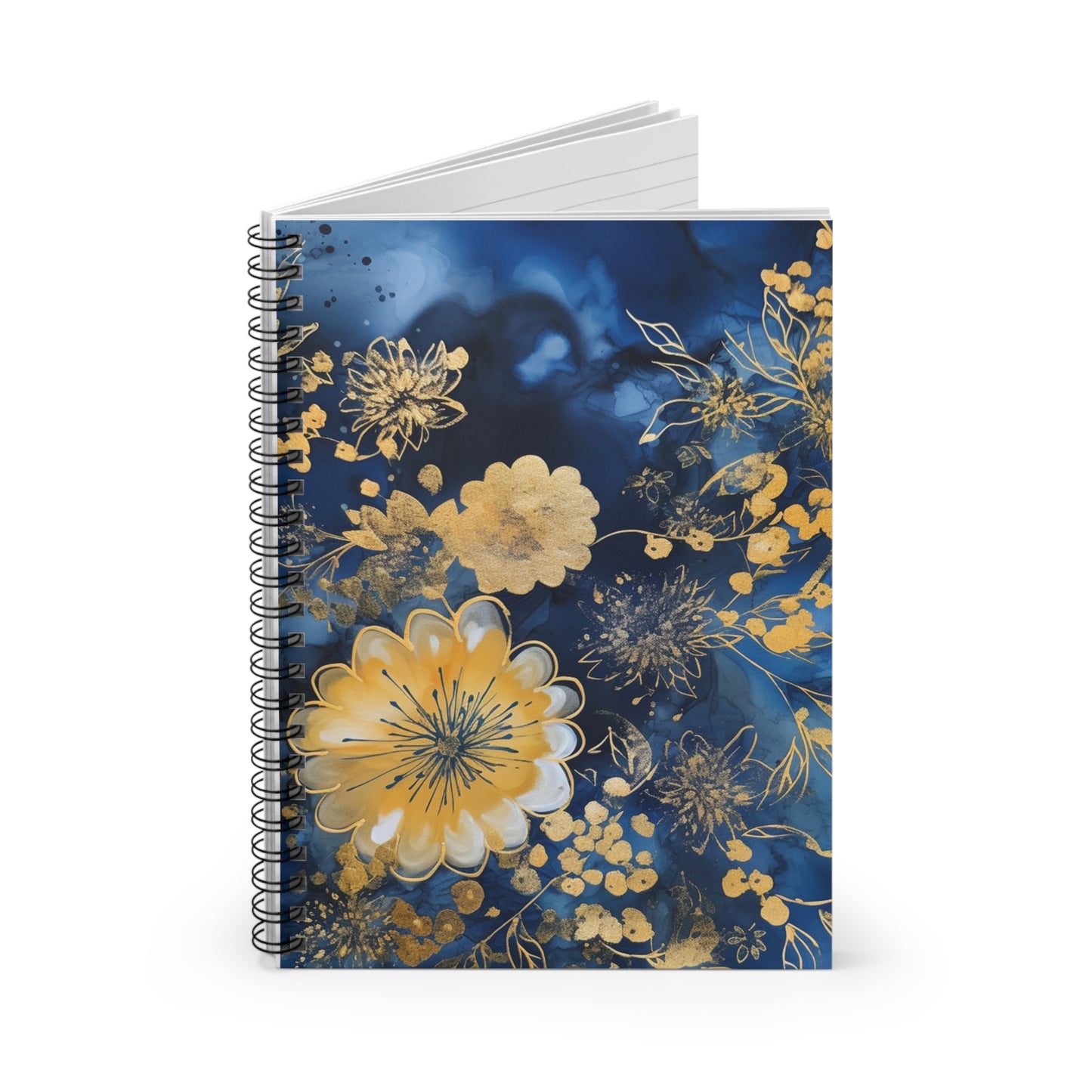 Golden blue floral journal or Notebook. Notes Spiral Notebook - Ruled Line