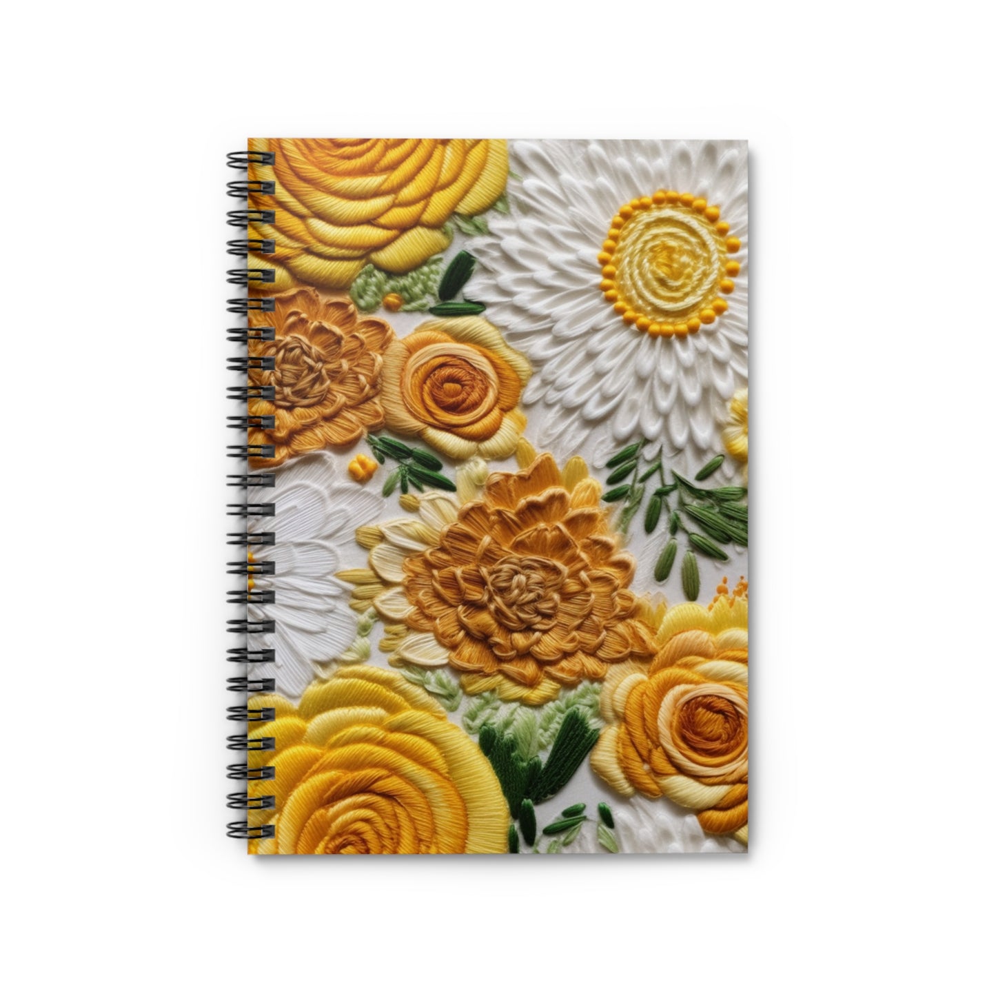 Yellow Embroidered Flowers Journal or Notebook. Diary Notes Spiral Notebook - Ruled Lined