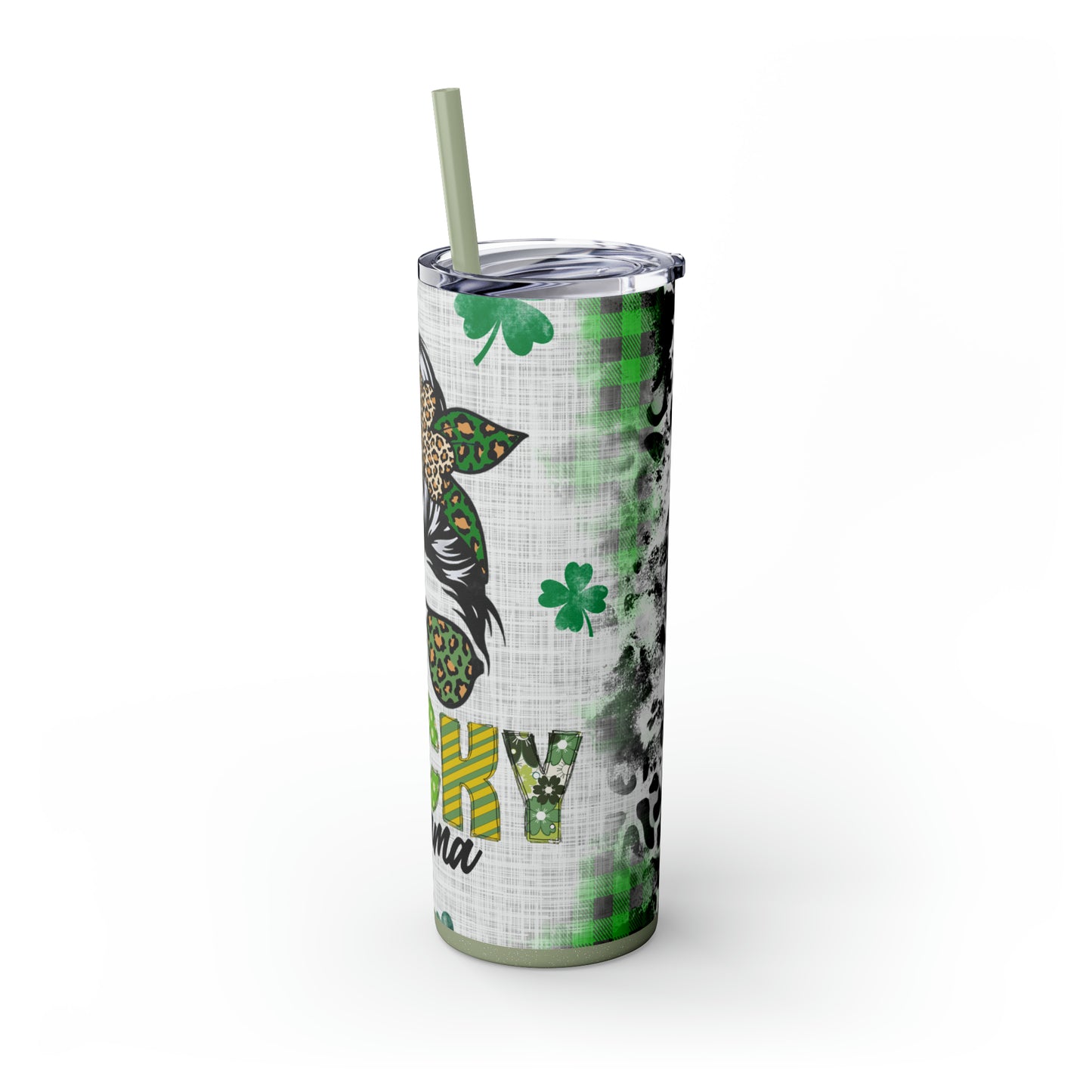 Lucky Mama, Messy Bun St Pattricks Day Skinny Tumbler, 20oz