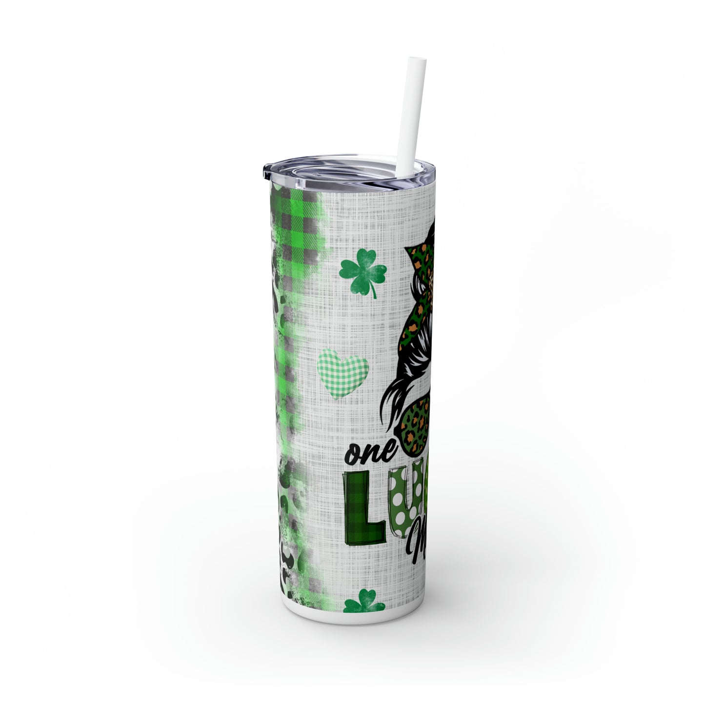 Lucky Mama, Messy Bun St Pattricks Day Skinny Tumbler, 20oz