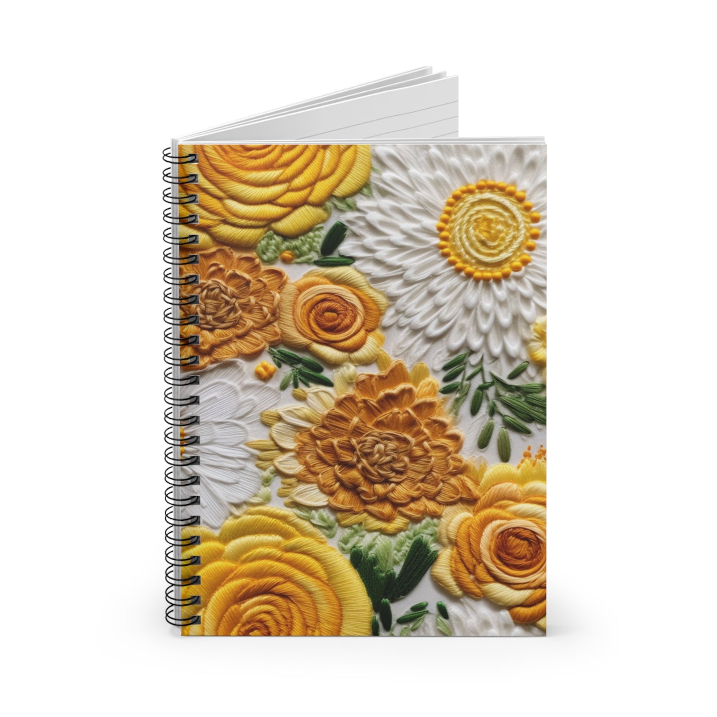 Yellow Embroidered Flowers Journal or Notebook. Diary Notes Spiral Notebook - Ruled Lined