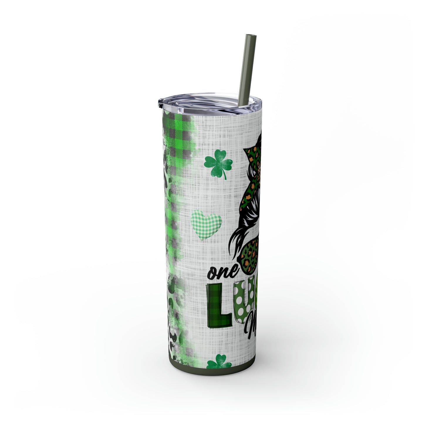 Lucky Mama, Messy Bun St Pattricks Day Skinny Tumbler, 20oz
