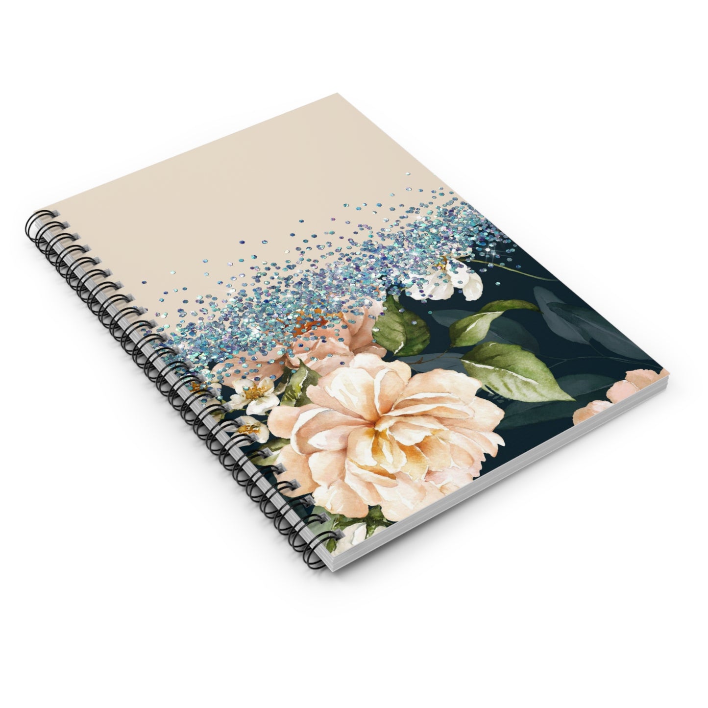 Blue and Beige Glitter floral journal or Notebook. minimalist, Notes Spiral Notebook - Ruled Line