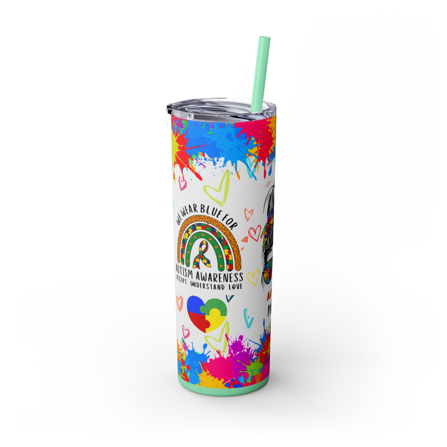 Autism awareness, Mama EcoChic 20oz Skinny Stainless Steel Tumbler with Straw