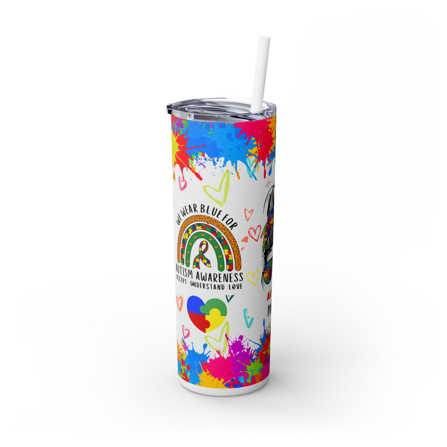 Autism awareness, Mama EcoChic 20oz Skinny Stainless Steel Tumbler with Straw