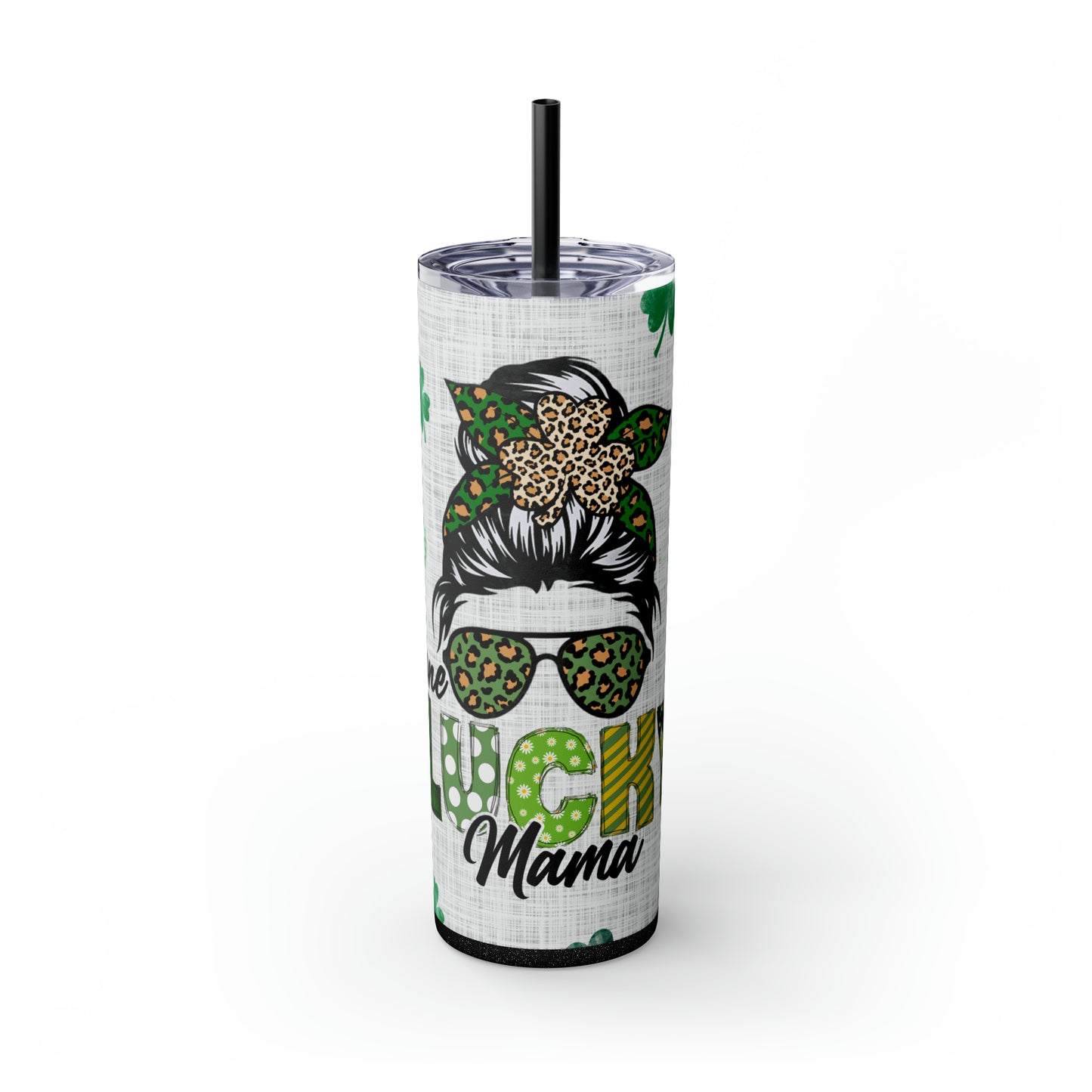 Lucky Mama, Messy Bun St Pattricks Day Skinny Tumbler, 20oz