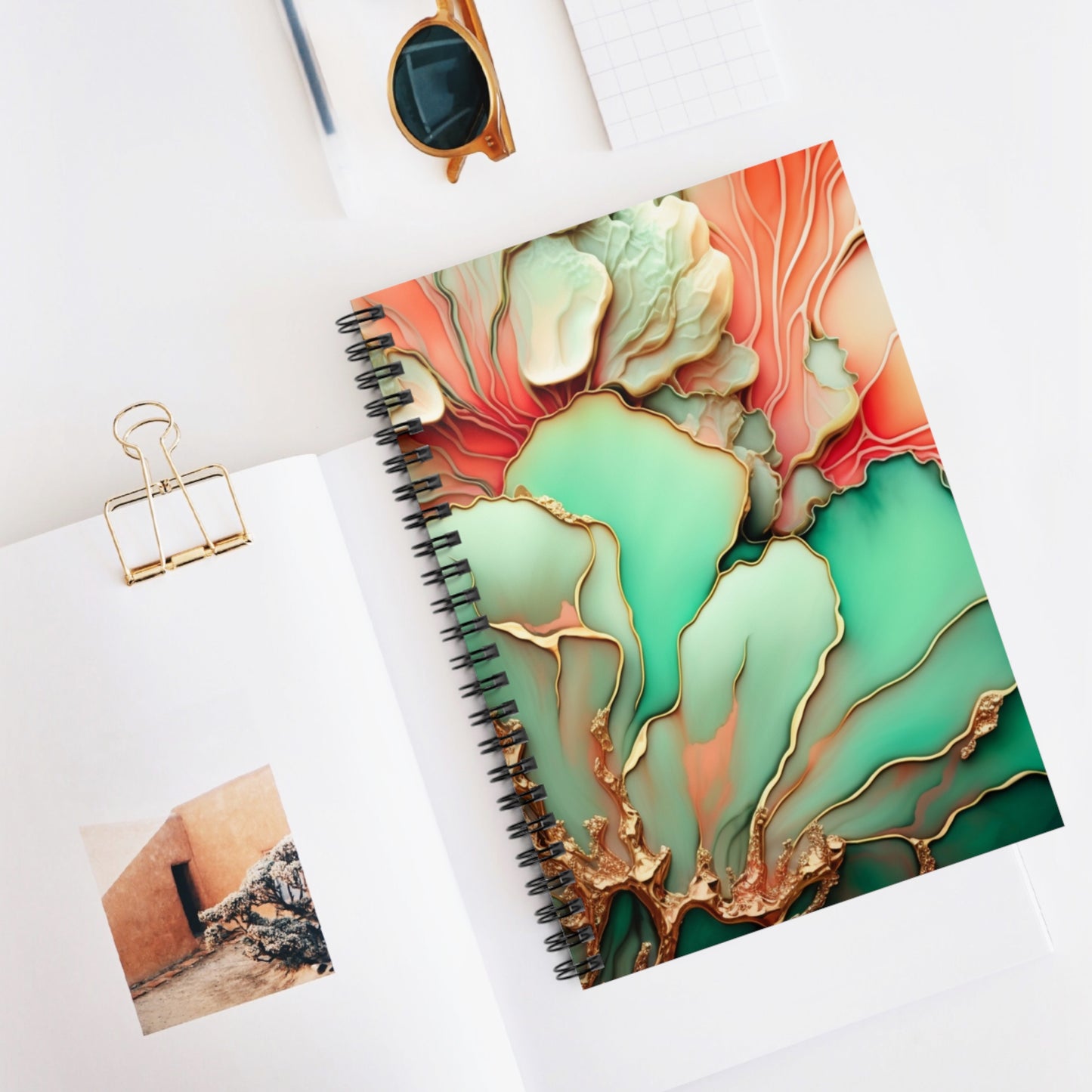 Floral, Green, Gold & Peach Spiral Notebook - Ruled Line