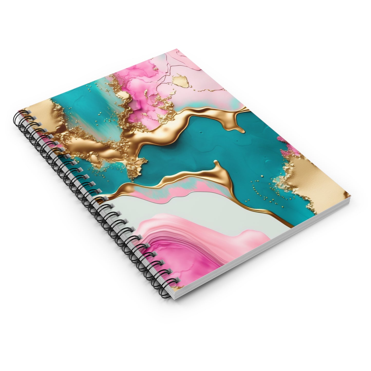 Pink, Gold, and Teal Spiral Notebook on white background", "Close-up of Pink, Gold, Teal Notebook's spiral binding", "Open page view of Pink, Gold, and Teal Notebook