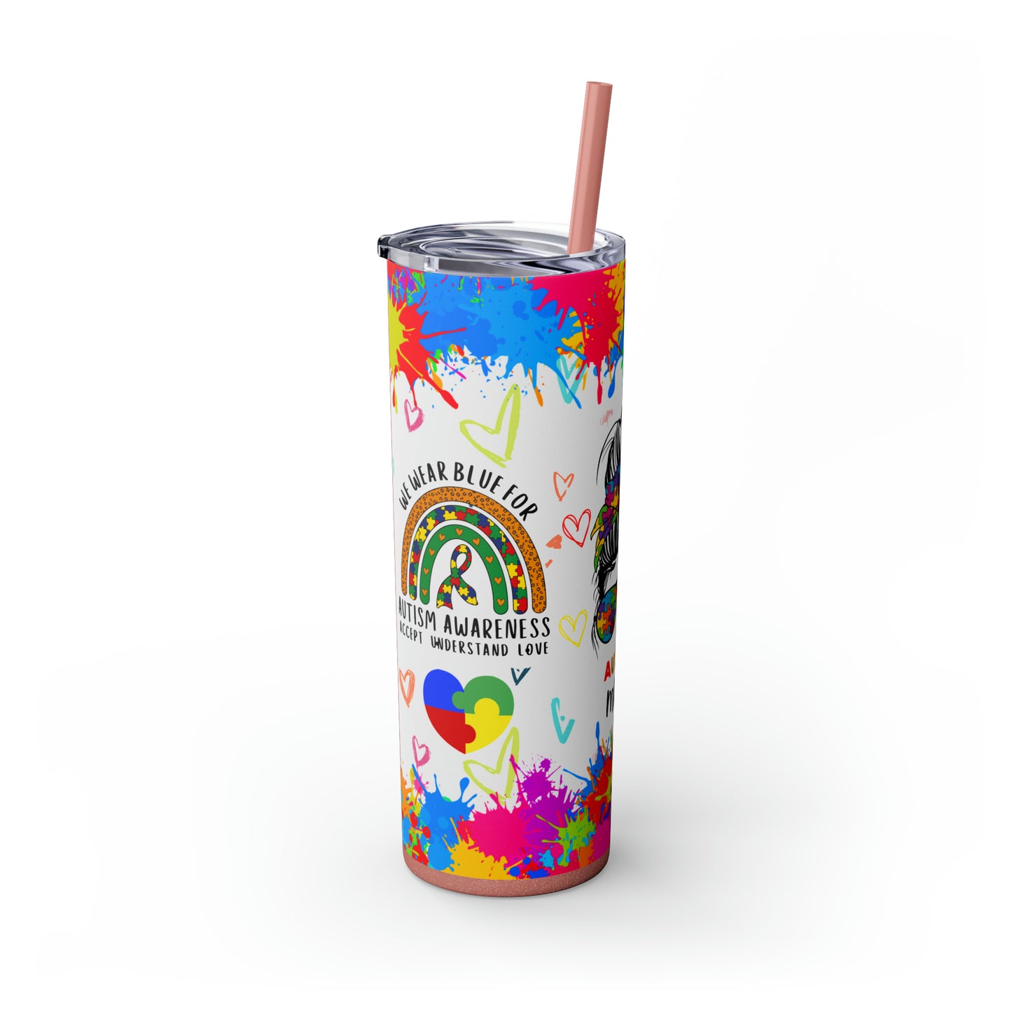 Autism awareness, Mama EcoChic 20oz Skinny Stainless Steel Tumbler with Straw