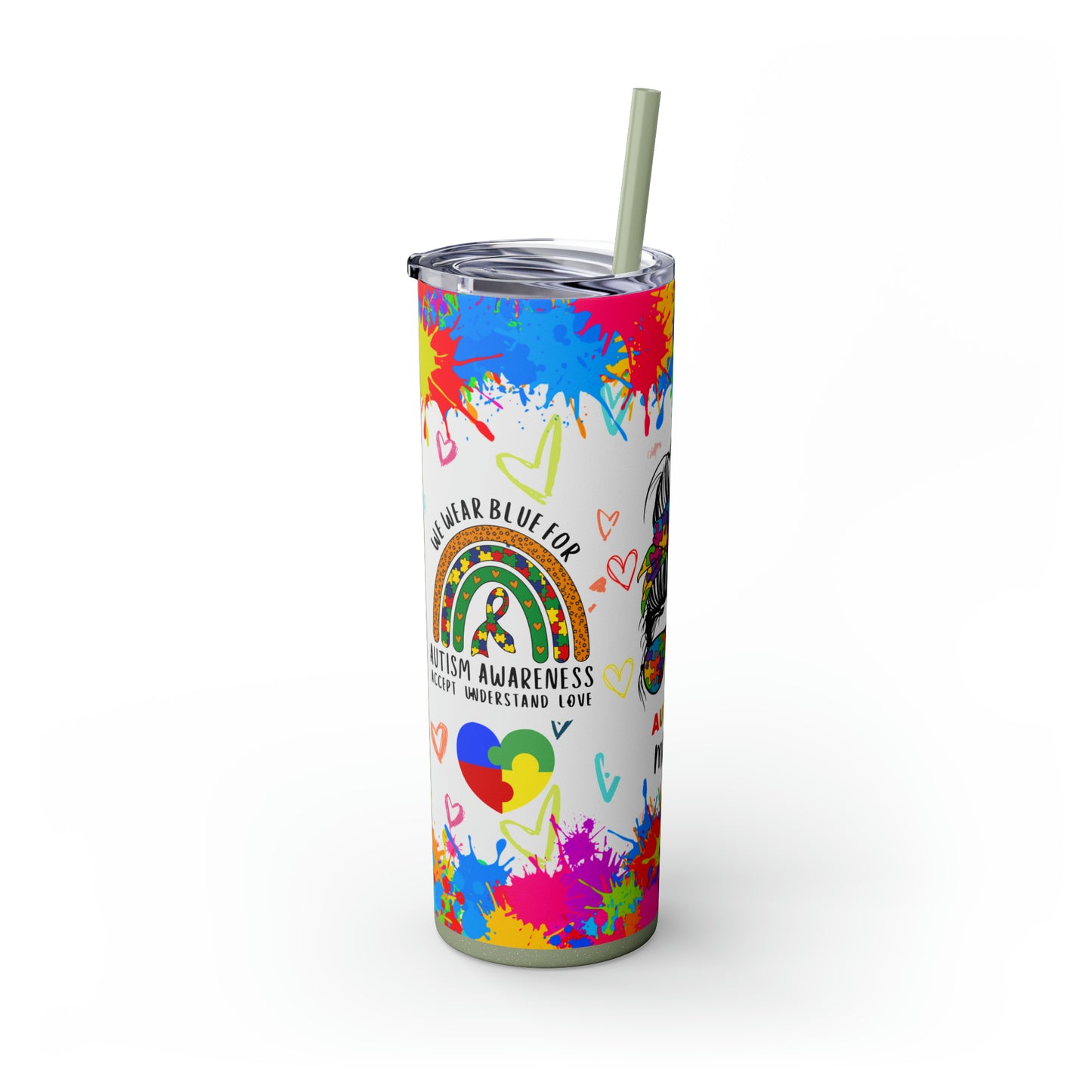 Autism awareness, Mama EcoChic 20oz Skinny Stainless Steel Tumbler with Straw