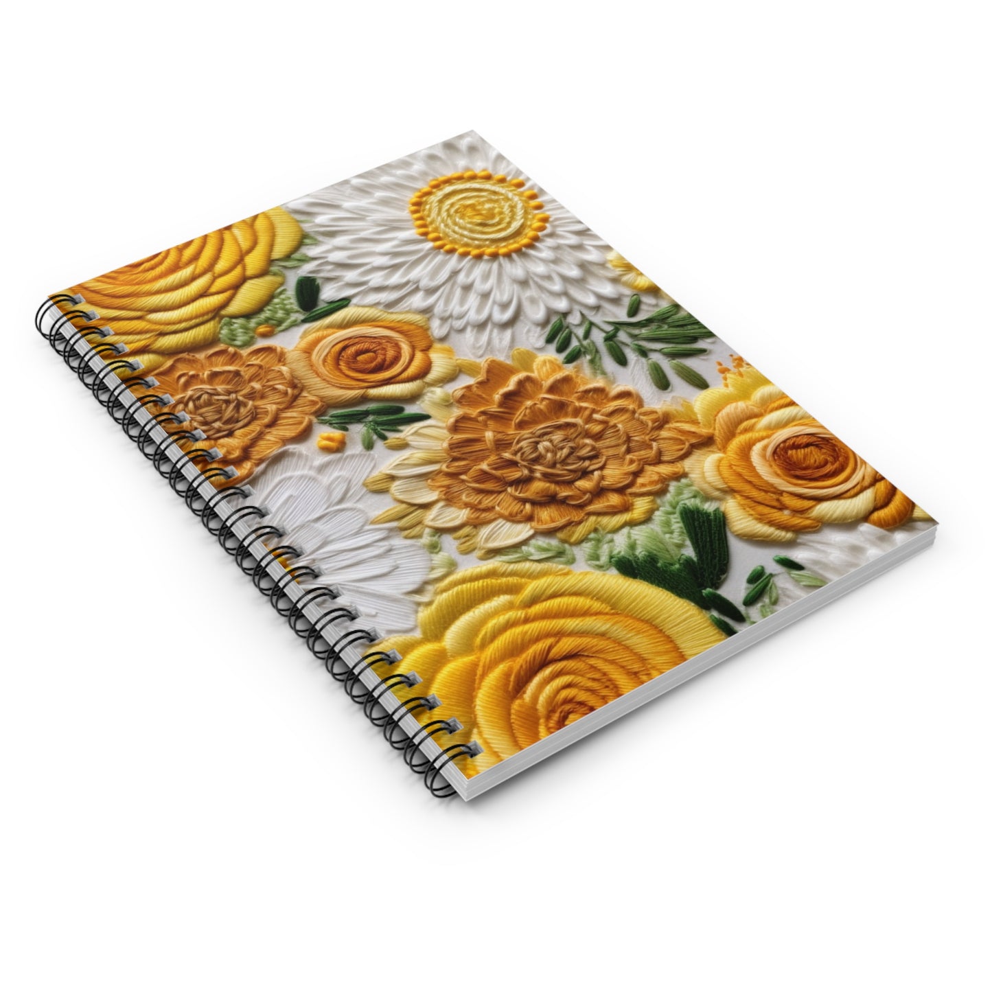 Yellow Embroidered Flowers Journal or Notebook. Diary Notes Spiral Notebook - Ruled Lined
