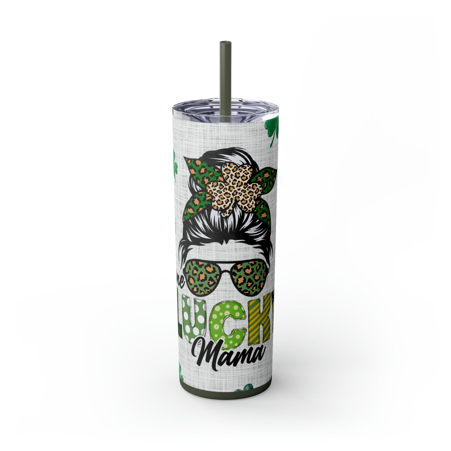 Lucky Mama, Messy Bun St Pattricks Day Skinny Tumbler, 20oz