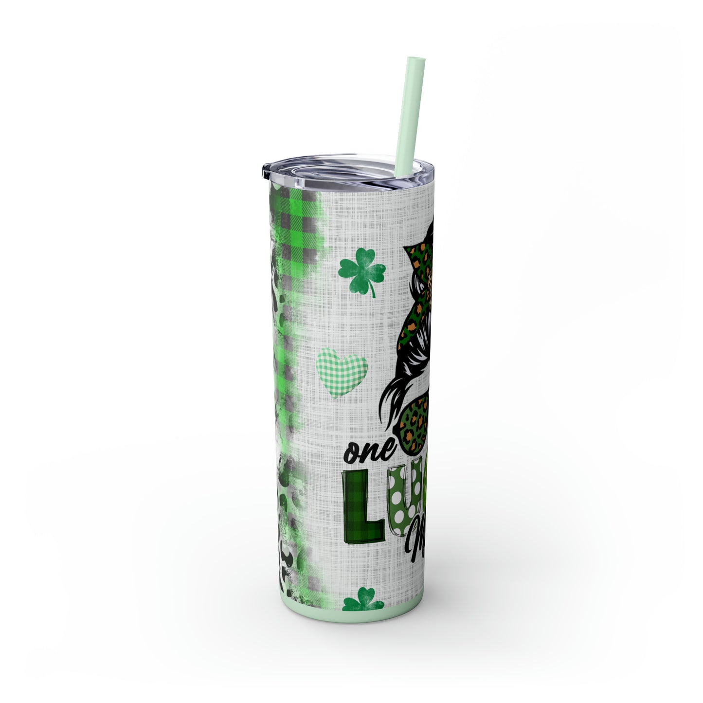 Lucky Mama, Messy Bun St Pattricks Day Skinny Tumbler, 20oz