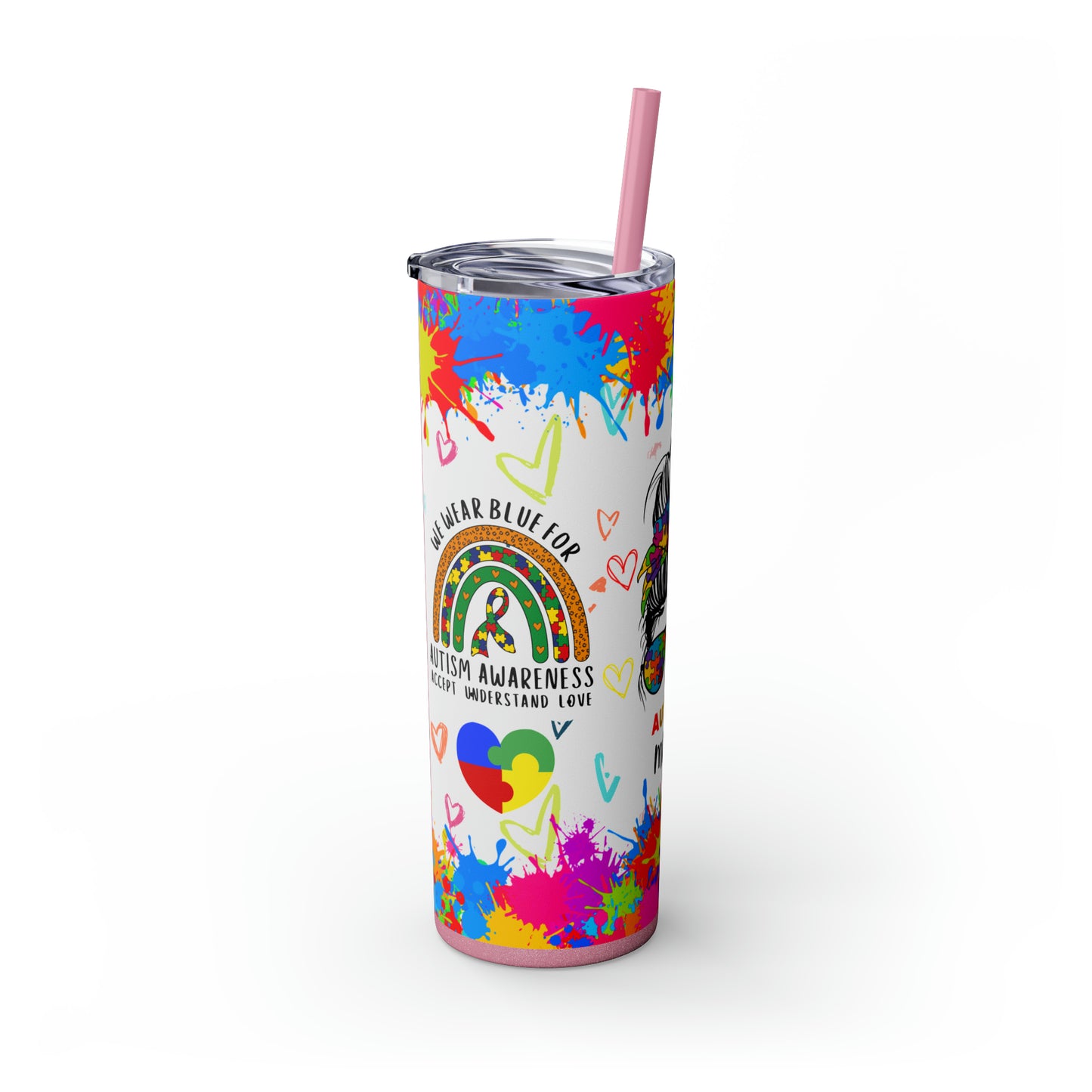 Autism awareness, Mama EcoChic 20oz Skinny Stainless Steel Tumbler with Straw