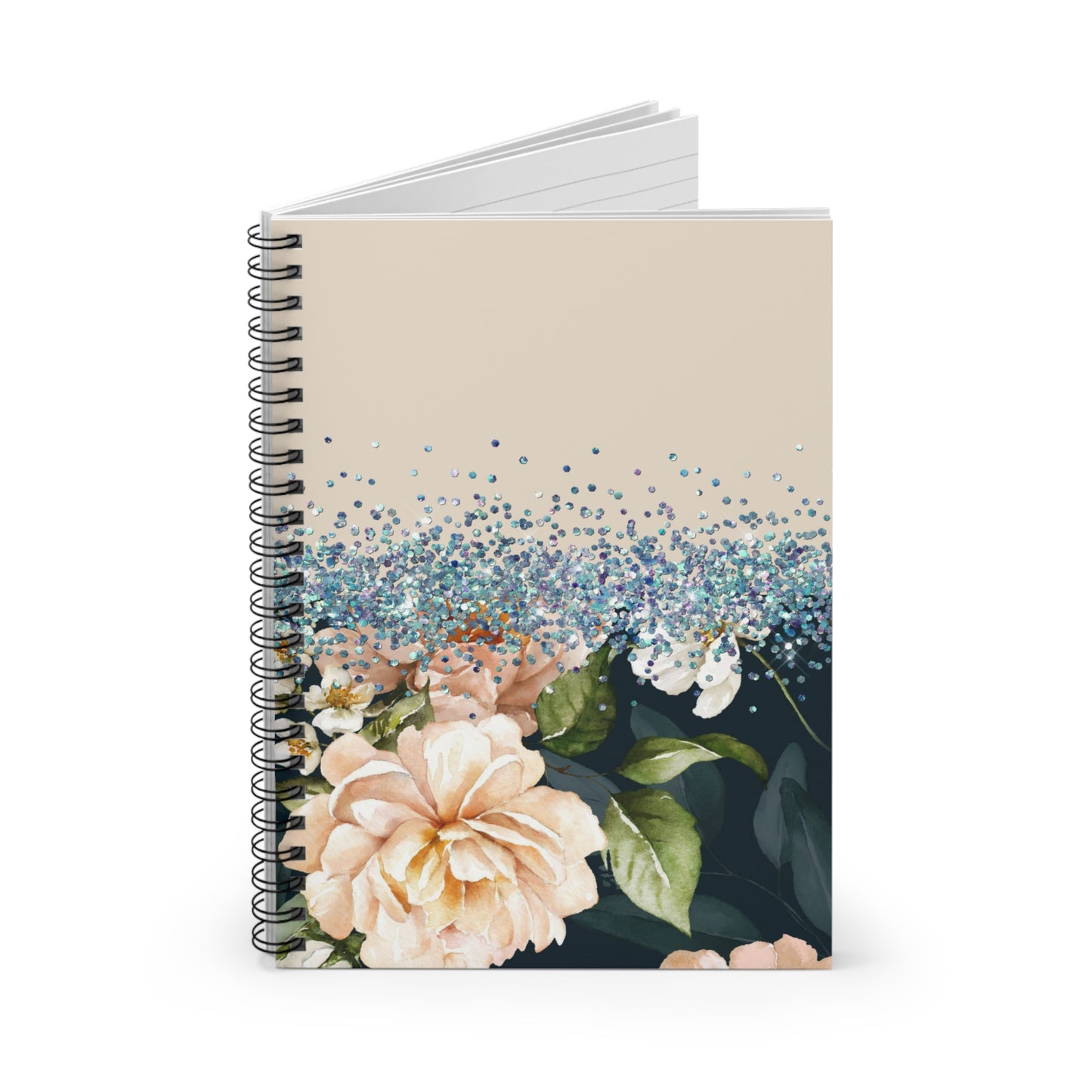 Blue and Beige Glitter floral journal or Notebook. minimalist, Notes Spiral Notebook - Ruled Line