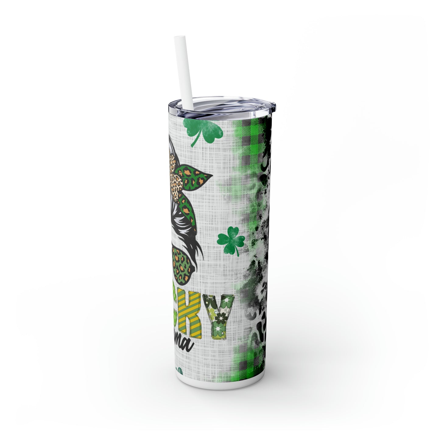 Lucky Mama, Messy Bun St Pattricks Day Skinny Tumbler, 20oz