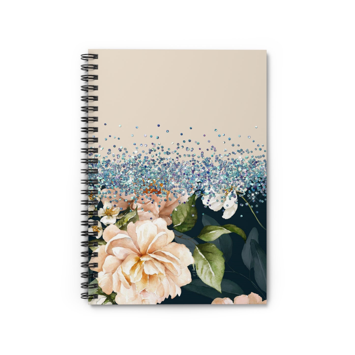 Blue and Beige Glitter floral journal or Notebook. minimalist, Notes Spiral Notebook - Ruled Line