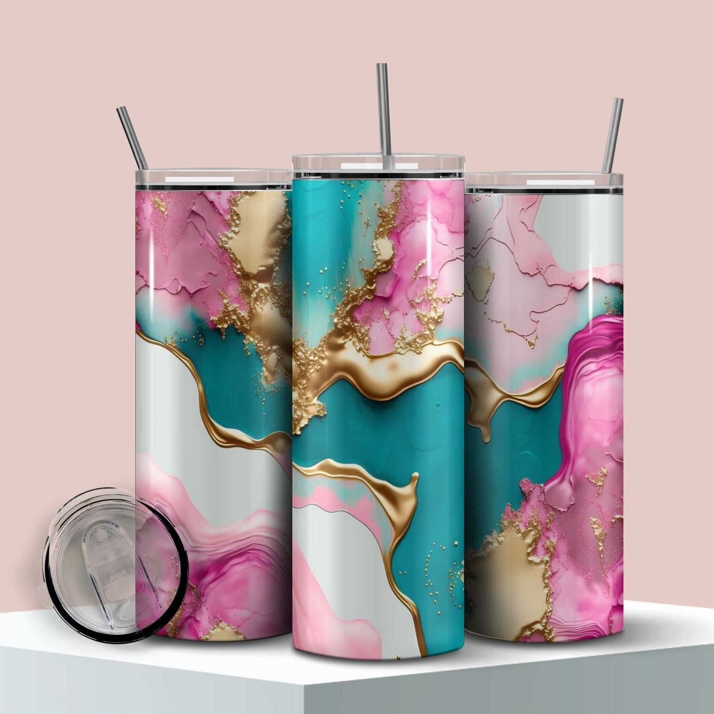 Elegant Marble Tumbler - Pink, Turquoise & Gold Abstract Design, 20oz