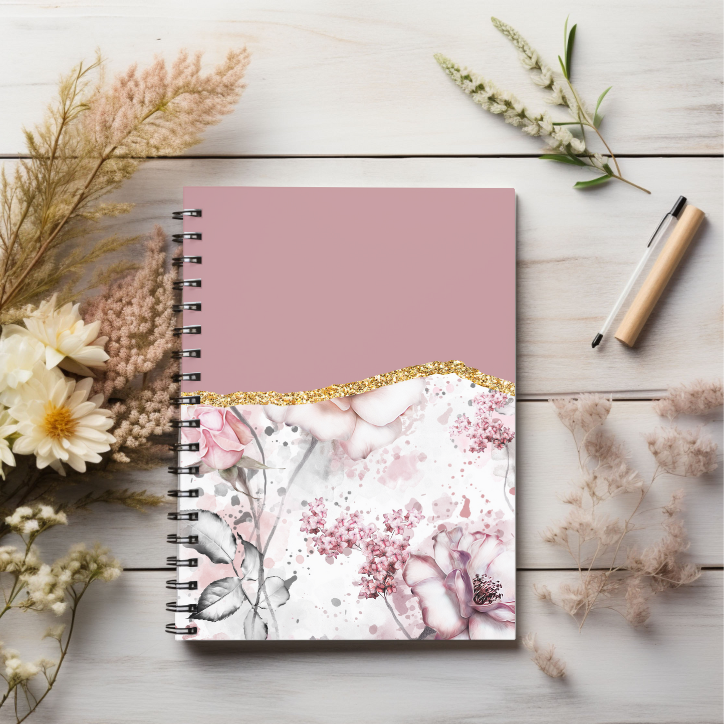 Floral Gold and Pretty in Pink boho designed journal or Notebook. Boho, minimalist, Notes Spiral Notebook - Ruled Line