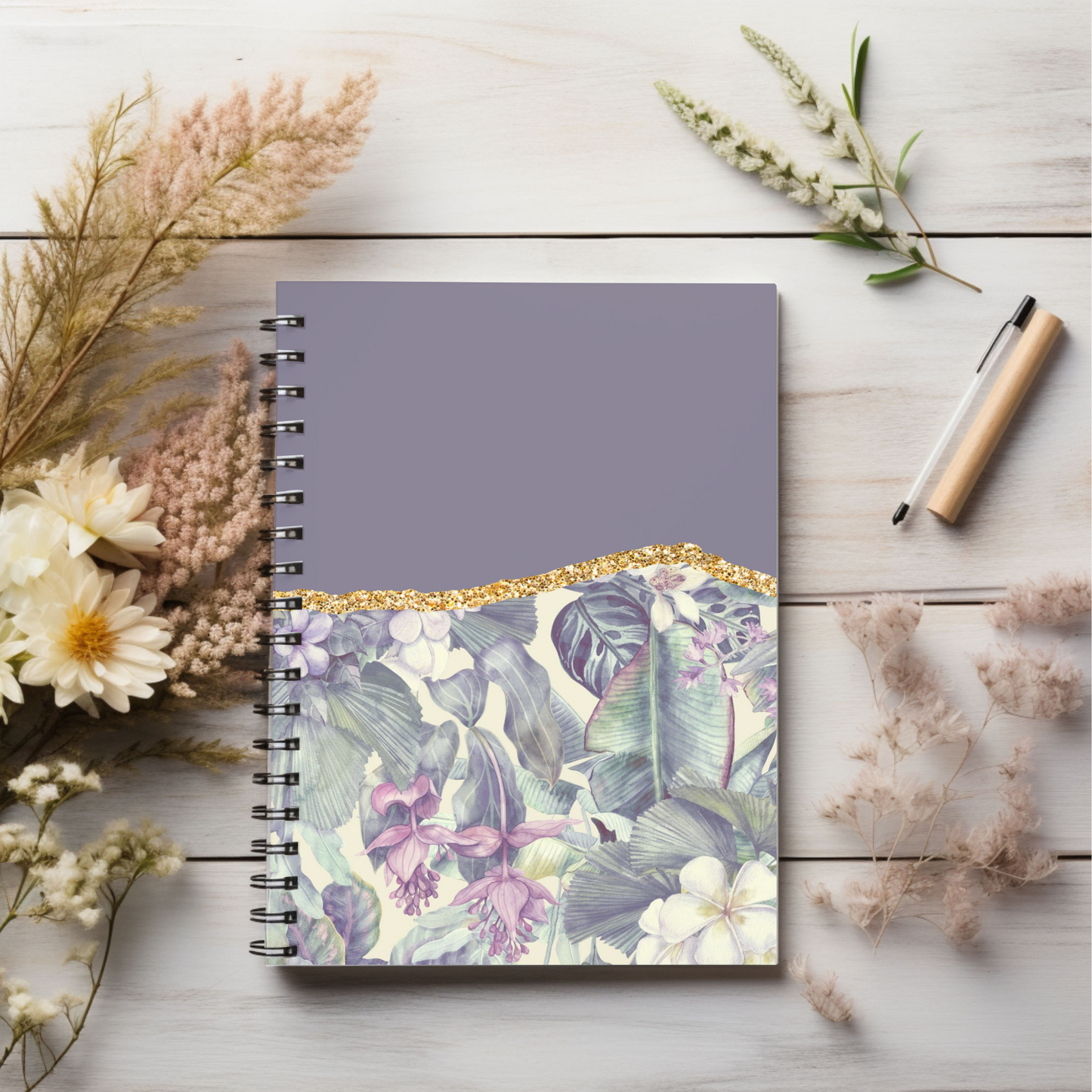 Purple floral and gold designed journal or Notebook. Boho, minimalist, Notes Spiral Notebook - Ruled Line