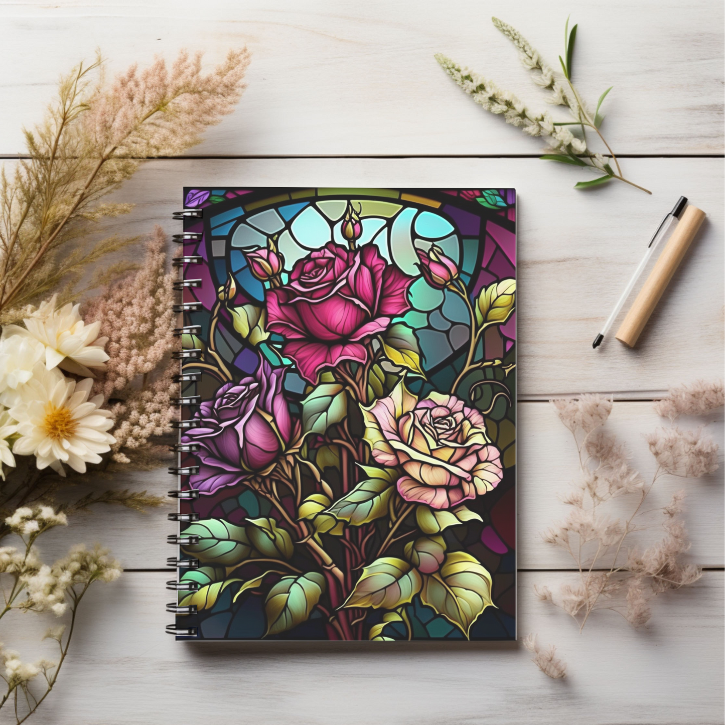 Stained glass rose garden designed journal or Notebook. Boho, minimalist, Notes Spiral Notebook - Ruled Line