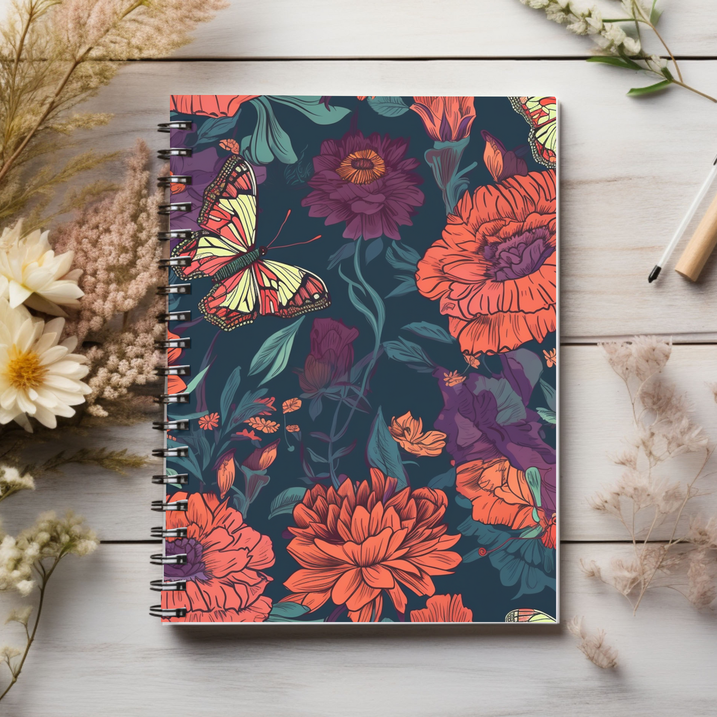 Red Navy & Purple Floral journal or Notebook Minimalist, Notes Spiral Notebook - Ruled Line