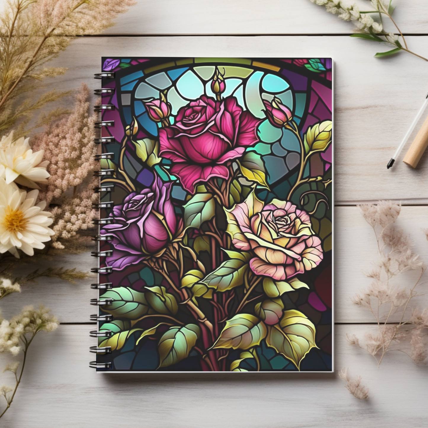 Stained glass rose garden designed journal or Notebook. Boho, minimalist, Notes Spiral Notebook - Ruled Line