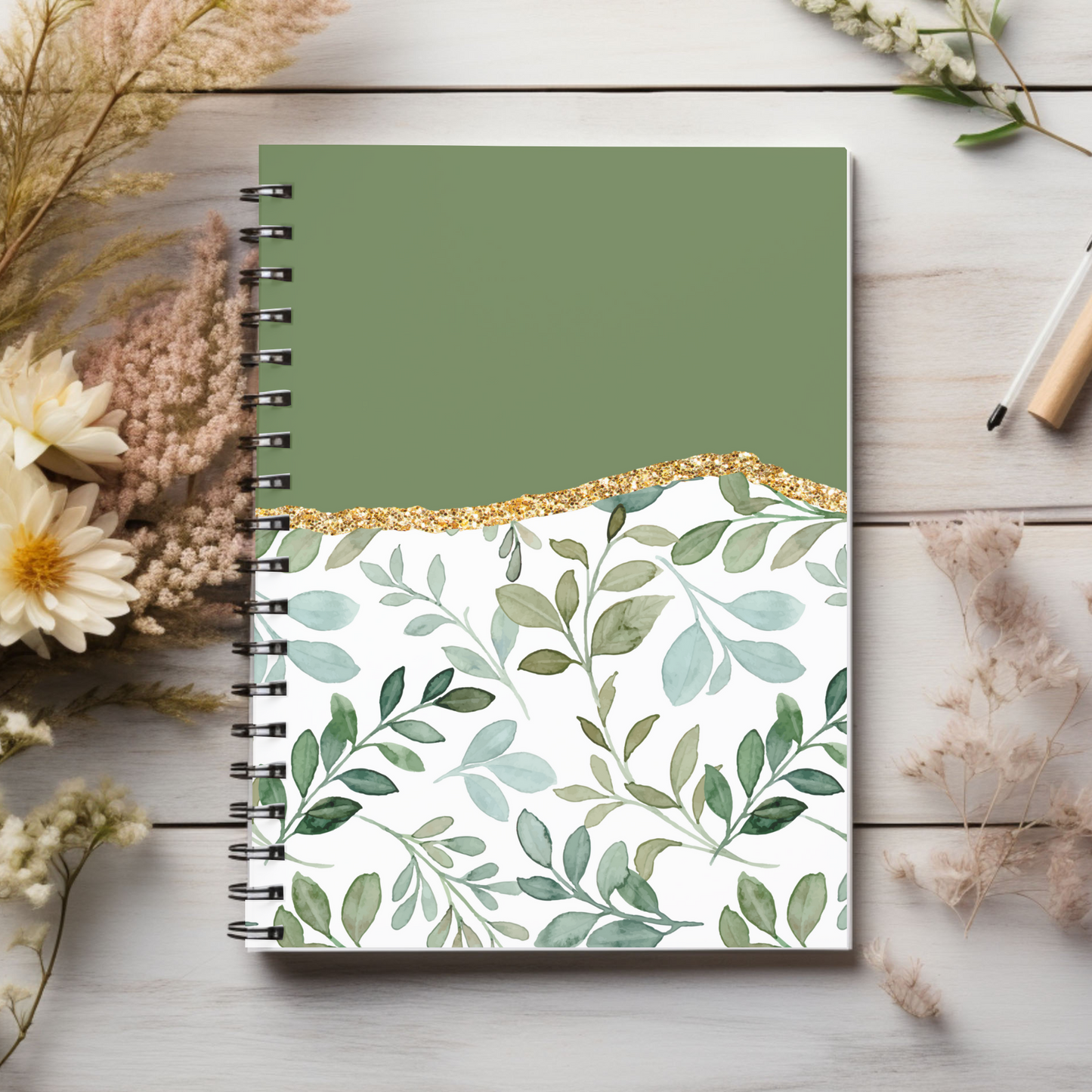 Green Floral Journal or Notebook. Minimalist, Notes Spiral Notebook - Ruled Line