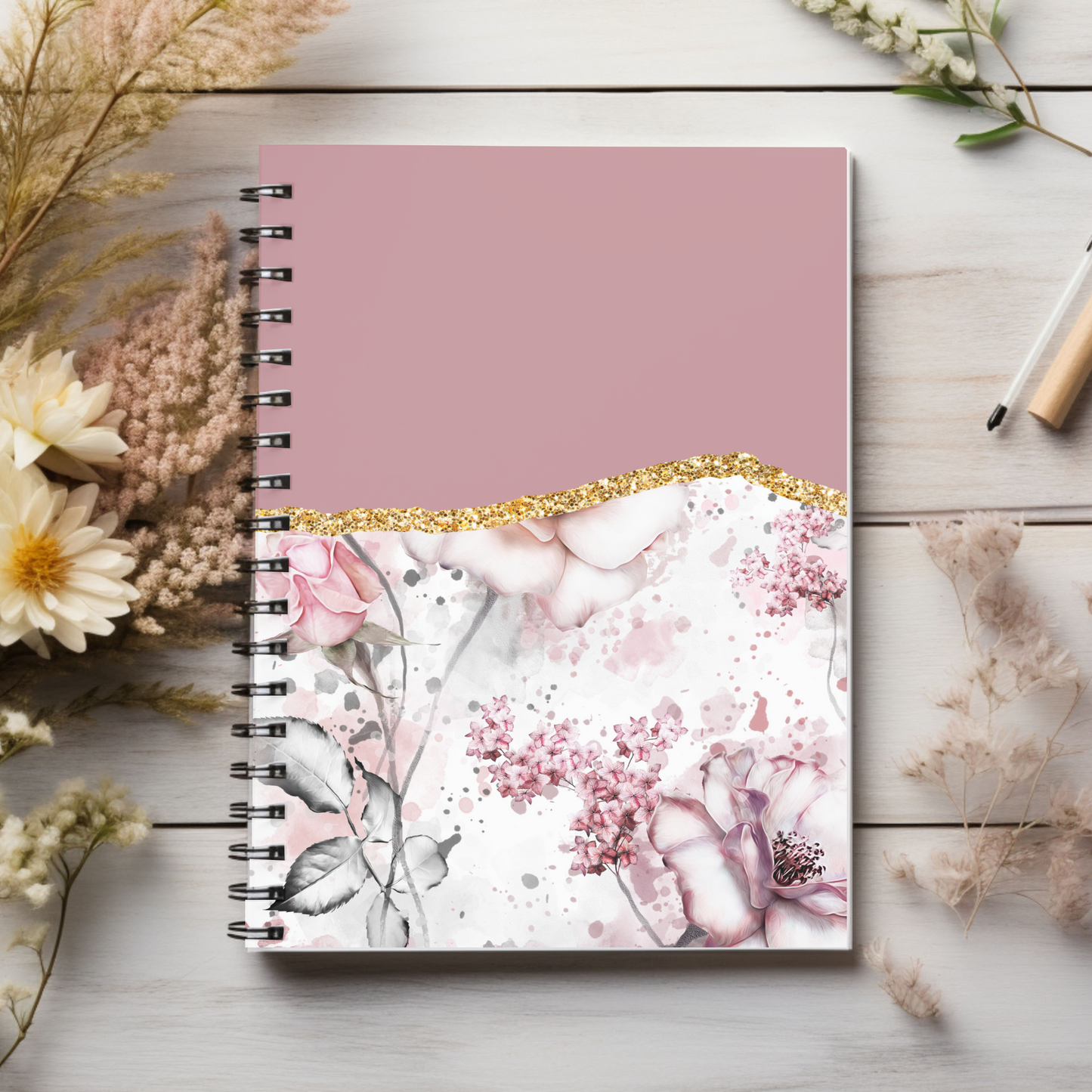 Floral Gold and Pretty in Pink boho designed journal or Notebook. Boho, minimalist, Notes Spiral Notebook - Ruled Line