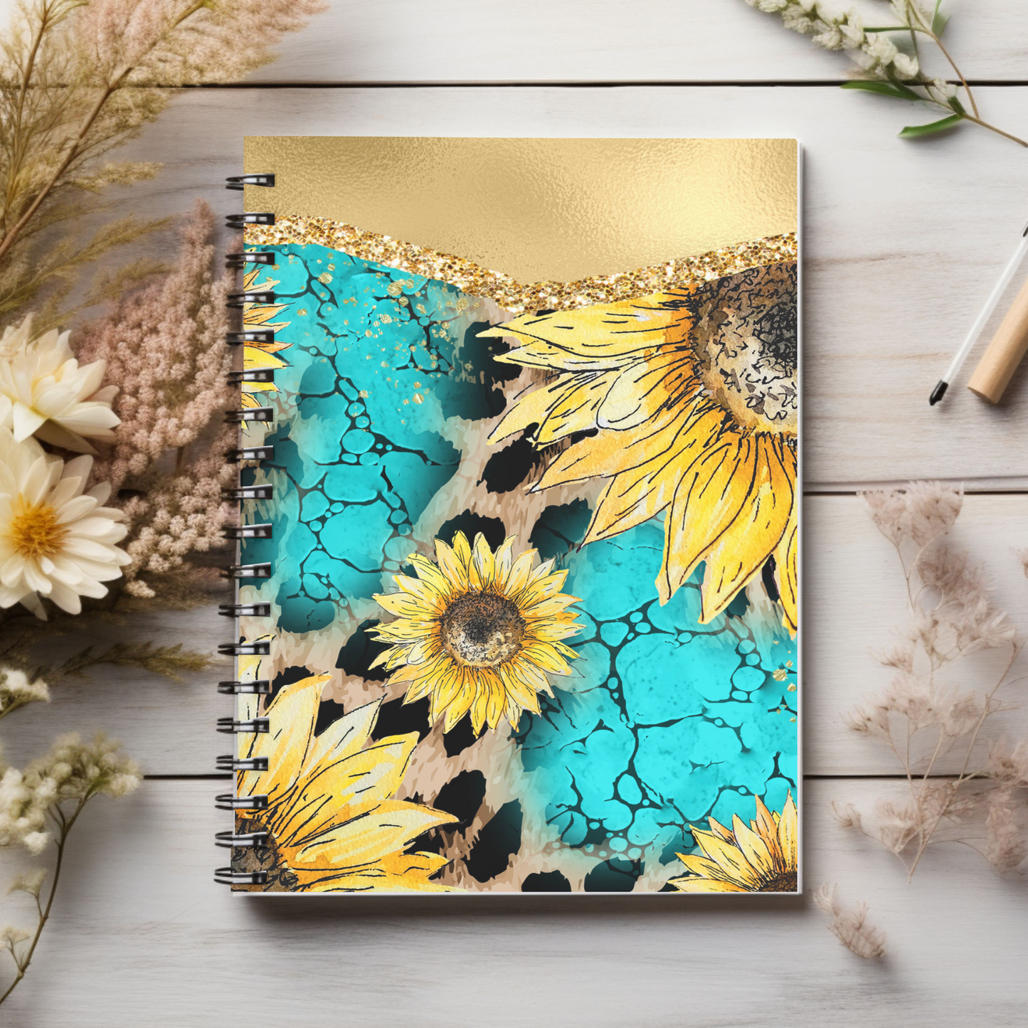 Gold Sunflower Journal or Notebook. Minimalist, Notes Spiral Notebook - Ruled Line