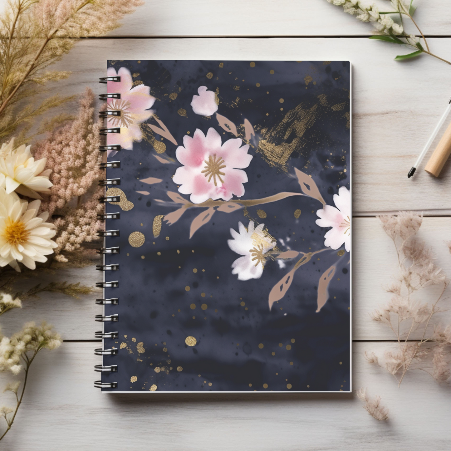 Navy & Pink Floral journal or Notebook Minimalist, Notes Spiral Notebook - Ruled Line