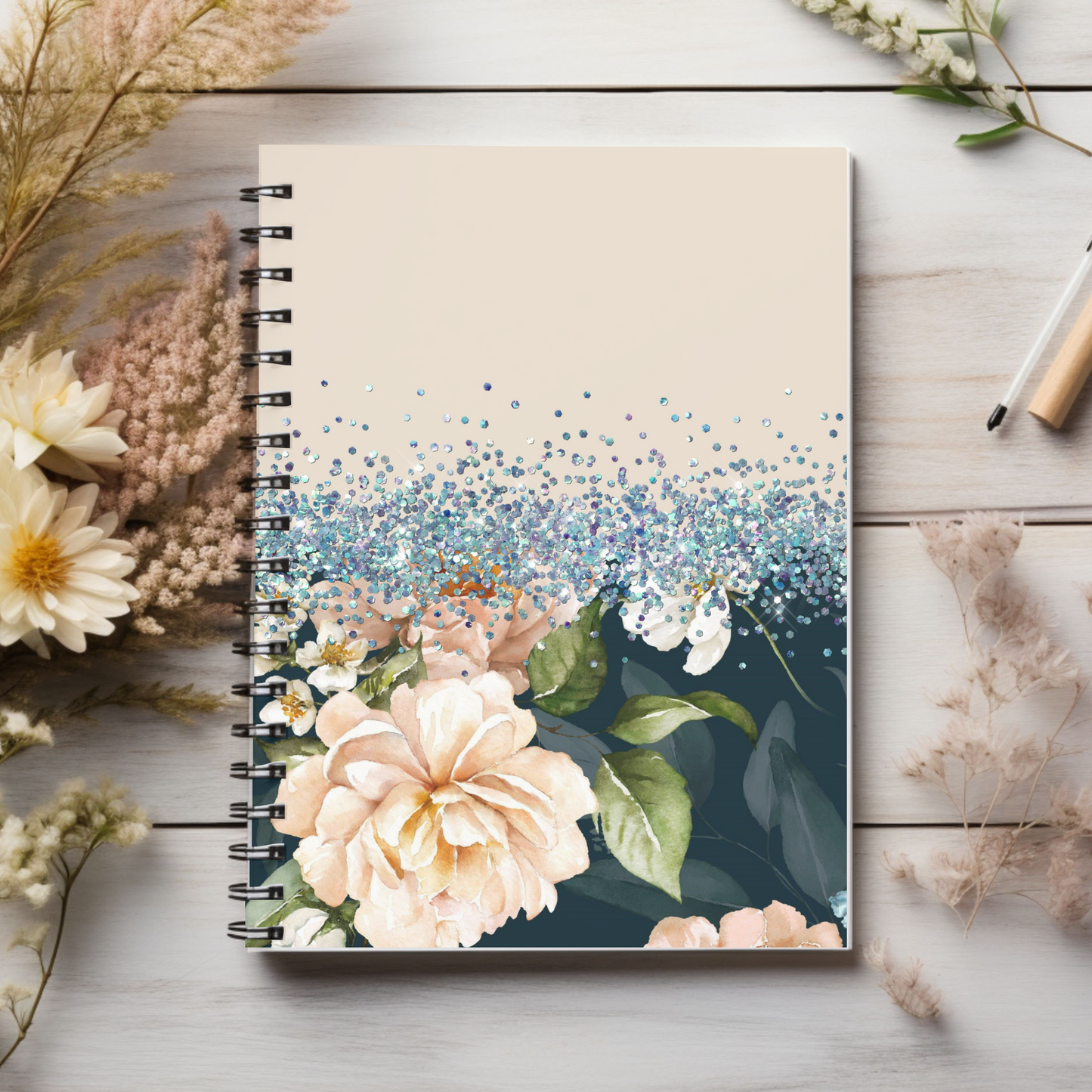 Blue and Beige Glitter floral journal or Notebook. minimalist, Notes Spiral Notebook - Ruled Line
