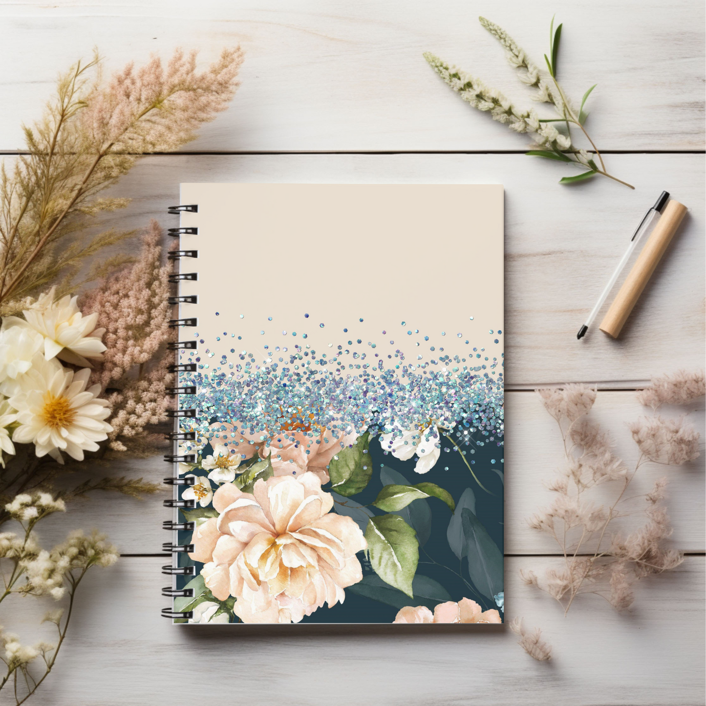 Blue and Beige Glitter floral journal or Notebook. minimalist, Notes Spiral Notebook - Ruled Line