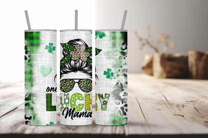 Lucky Mama, Messy Bun St Pattricks Day Skinny Tumbler, 20oz
