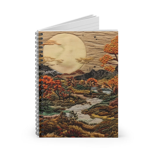 Embroidered river side stream, large beautiful moon journal or Notebook. Boho, minimalist, Notes Spiral Notebook - Ruled Line