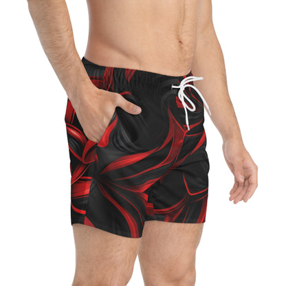 Men’s Red and Black Abstract Swim Trunks (AOP)