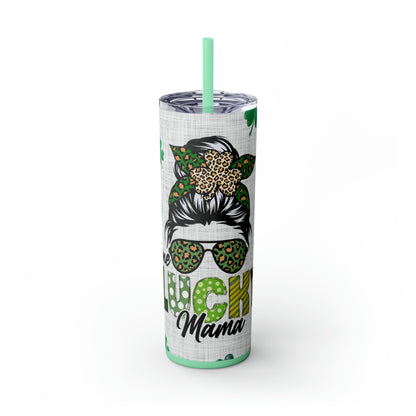 Lucky Mama, Messy Bun St Pattricks Day Skinny Tumbler, 20oz