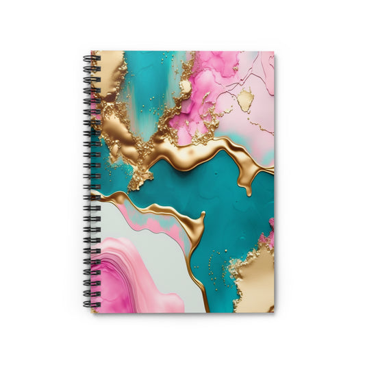 Pink, Gold, and Teal Spiral Notebook on white background", "Close-up of Pink, Gold, Teal Notebook's spiral binding", "Open page view of Pink, Gold, and Teal Notebook