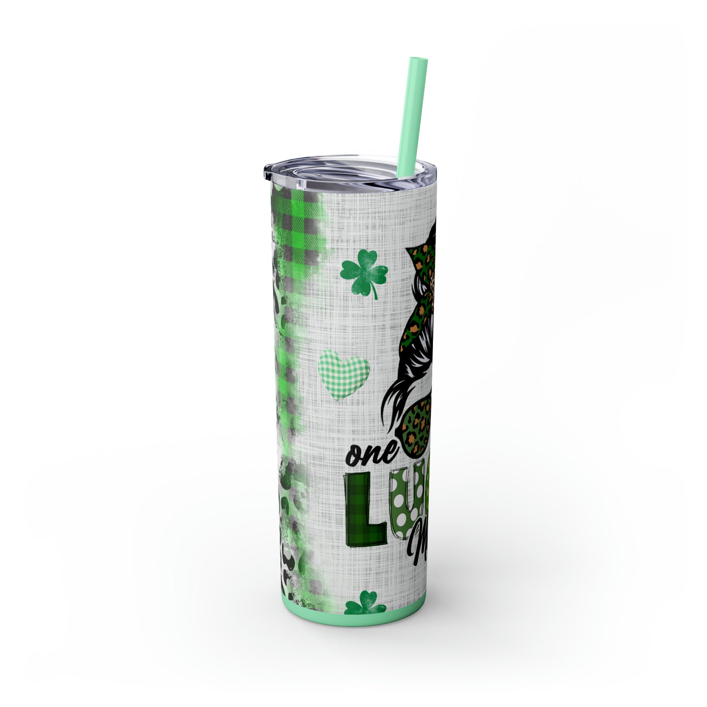 Lucky Mama, Messy Bun St Pattricks Day Skinny Tumbler, 20oz