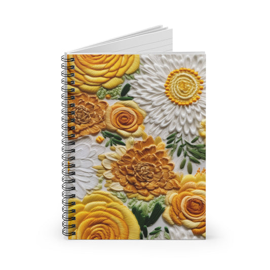 Yellow Embroidered Flowers Journal or Notebook. Diary Notes Spiral Notebook - Ruled Lined