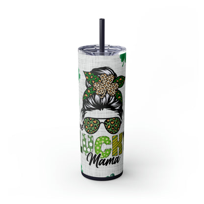 Lucky Mama, Messy Bun St Pattricks Day Skinny Tumbler, 20oz