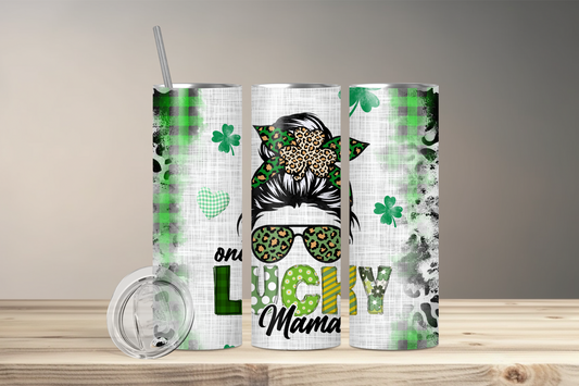 Lucky Mama, Messy Bun St Pattricks Day Skinny Tumbler, 20oz