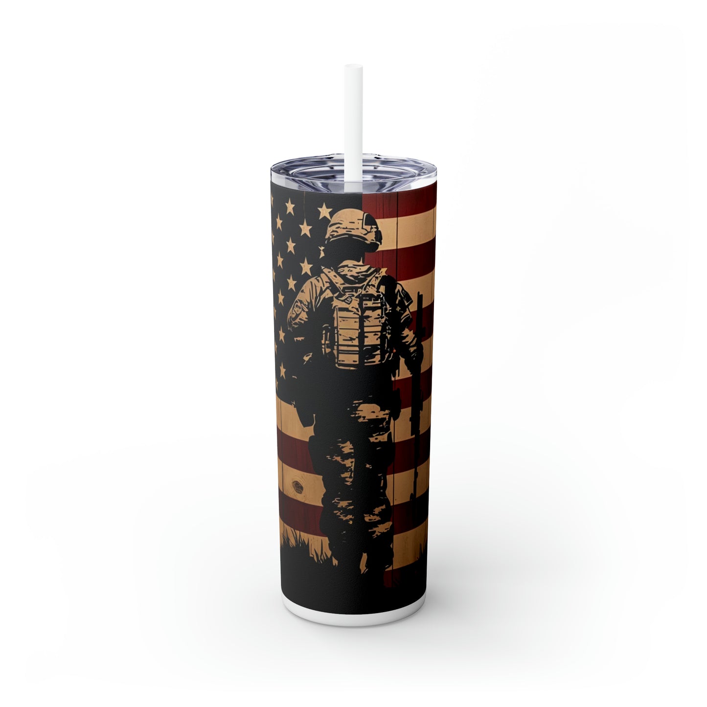 USA Veteran Soldier, American Flag EcoChic 20oz Skinny Stainless Steel Tumbler with Straw