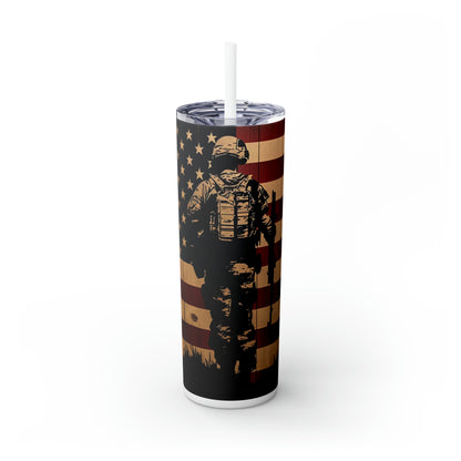 USA Veteran Soldier, American Flag EcoChic 20oz Skinny Stainless Steel Tumbler with Straw