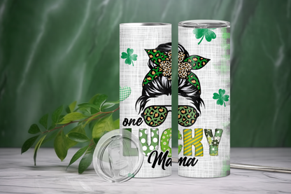 Lucky Mama, Messy Bun St Pattricks Day Skinny Tumbler, 20oz