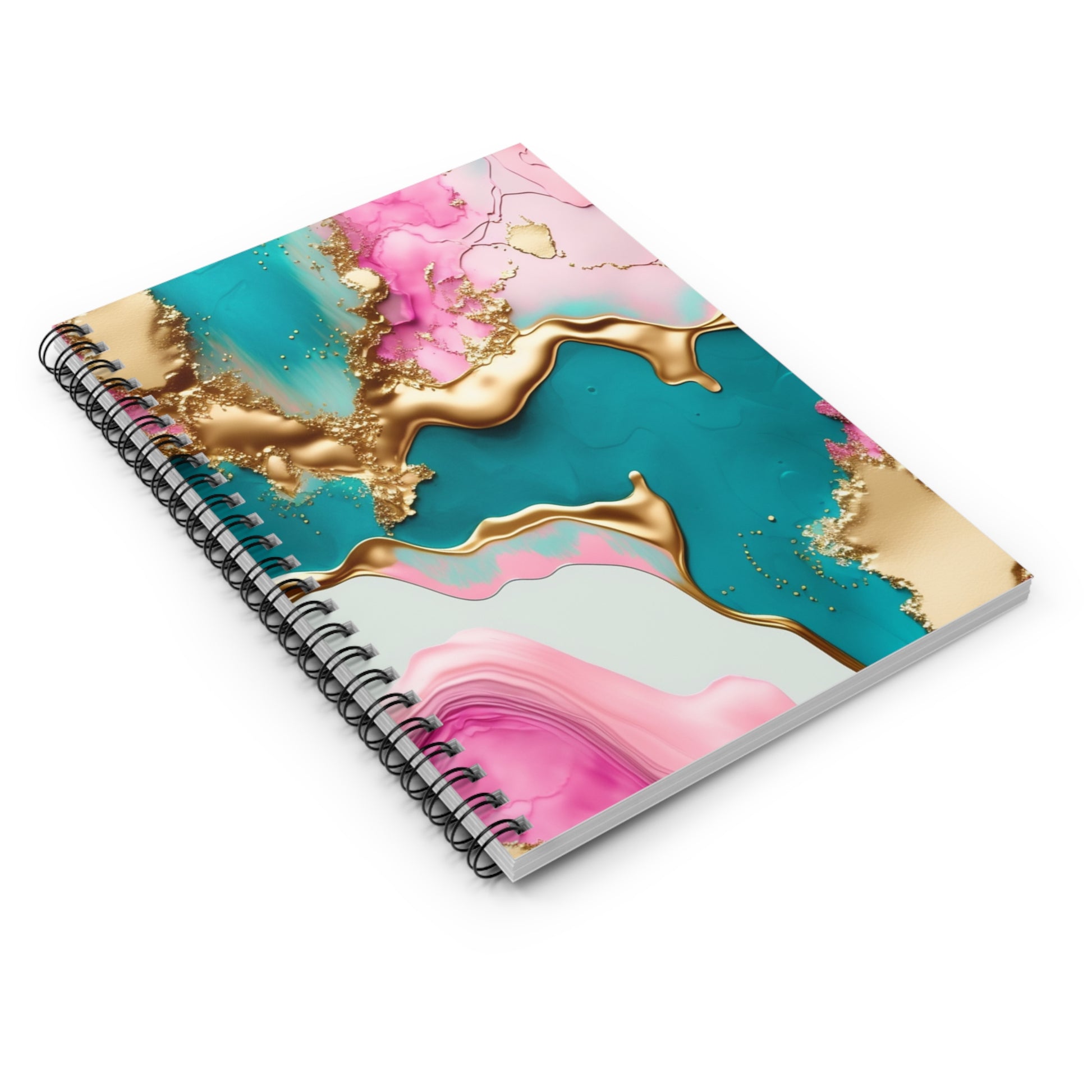 Pink, Gold, and Teal Spiral Notebook on white background", "Close-up of Pink, Gold, Teal Notebook's spiral binding", "Open page view of Pink, Gold, and Teal Notebook