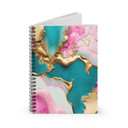 Pink, Gold, and Teal Spiral Notebook on white background", "Close-up of Pink, Gold, Teal Notebook's spiral binding", "Open page view of Pink, Gold, and Teal Notebook
