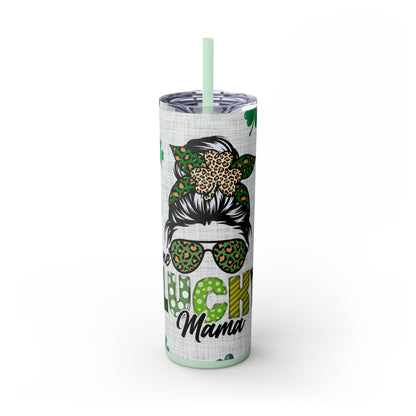 Lucky Mama, Messy Bun St Pattricks Day Skinny Tumbler, 20oz